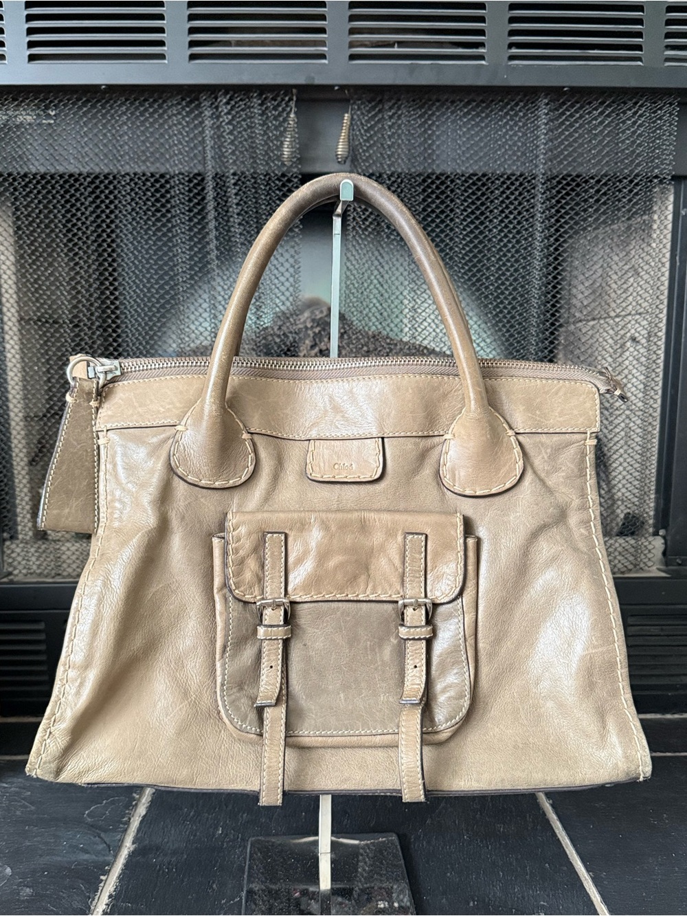 Source Unknown Taupe Leather Satchel with Front Buckle Pocket